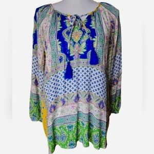FARMERS MARKET BY ONE WORLD BOHO TOP SZ L BLUE GREEN